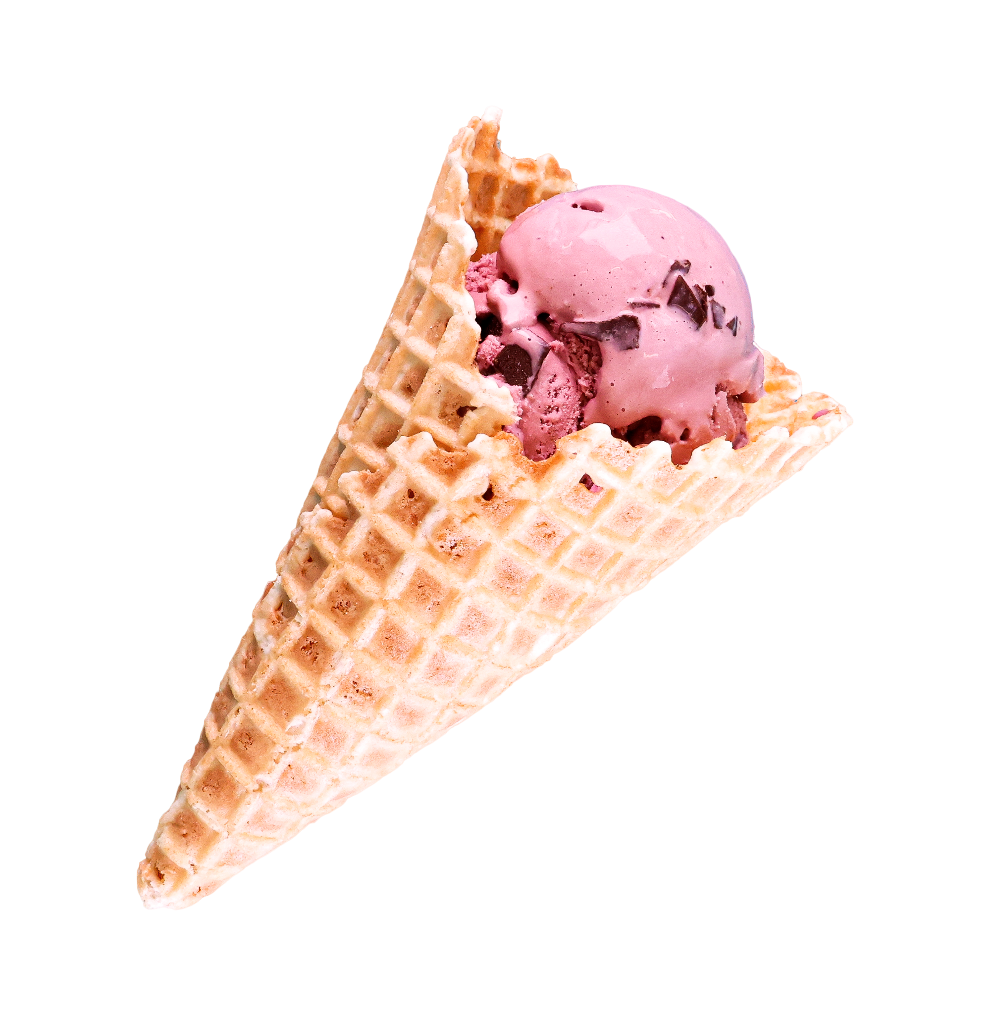 Pink ice cream in a waffle cone